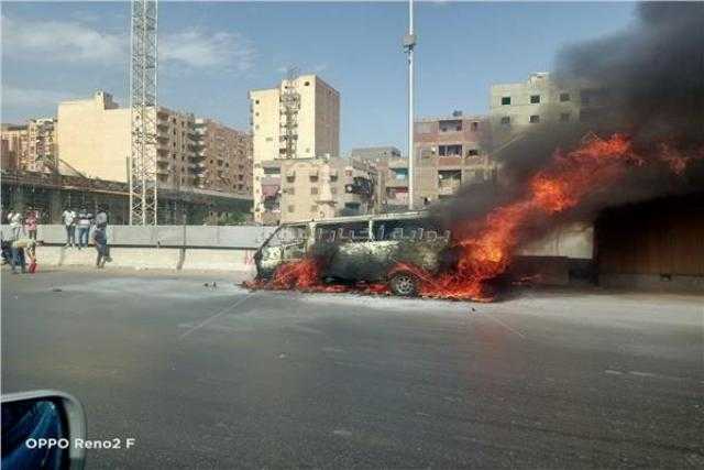 السيطرة على حريق اندلع في ميكروباص أعلى دائري الوراق دون إصابات