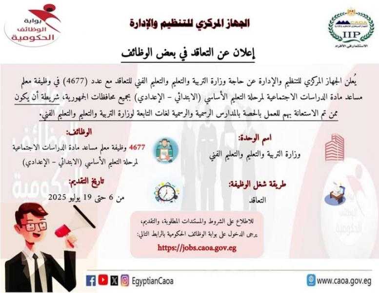 مسابقة لشغل 4677 وظيفة معلم مساعد مادة ”الدراسات الاجتماعية” من ”معلمي الحصة”