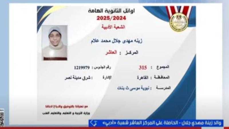 والد الحاصلة على المركز العاشر شعبة أدبي: بنتي هتدخل إعلام وكانت مجتهدة في مذاكرتها