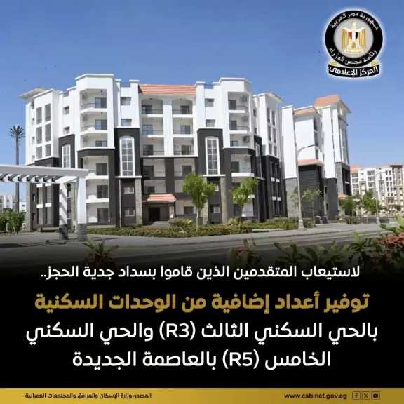 وزارة الإسكان: توفير أعداد إضافية من الوحدات السكنية بمشروع الحي السكني الثالث (R3) واستكمال توفير الوحدات بمشروع (R5)