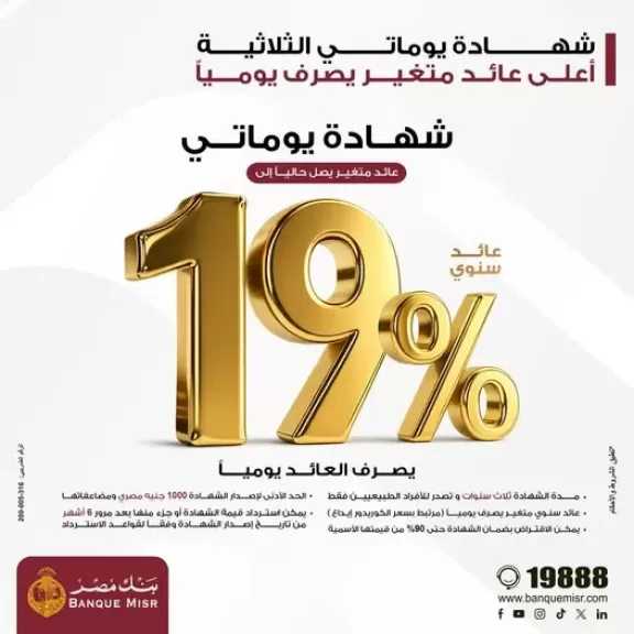 بنك مصر يقدم عائداً متميزاً على شهادة «يوماتي» الثلاثية ذات العائد المتغير بالجنيه المصري يصل إلى 19% سنوياً يصرف يوميا