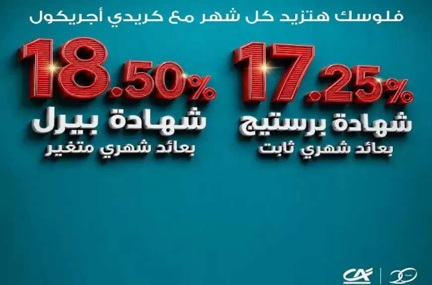 بنك كريدي أجريكول مصر يطرح شهادتي ادخار بعائد يصل إلى 18.50%