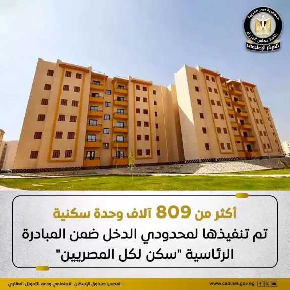 الانتهاء من تنفيذ أكثر من 809 آلاف وحدة سكنية ضمن المبادرة الرئاسية «سكن لكل المصريين»