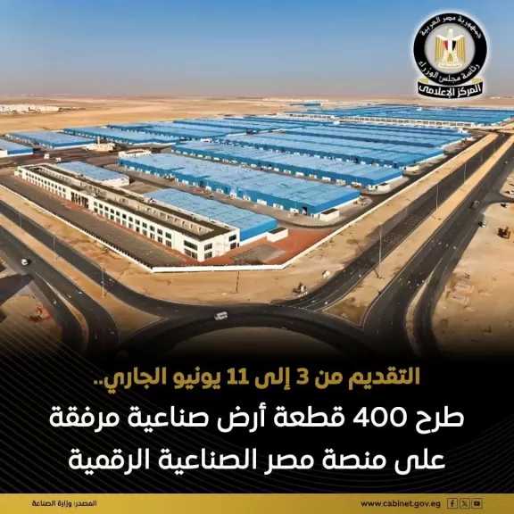 طرح 400 قطعة أرض صناعية شاغرة بإجمالي مساحة تقدر بحوالي 900 ألف متر مربع في 15 محافظة