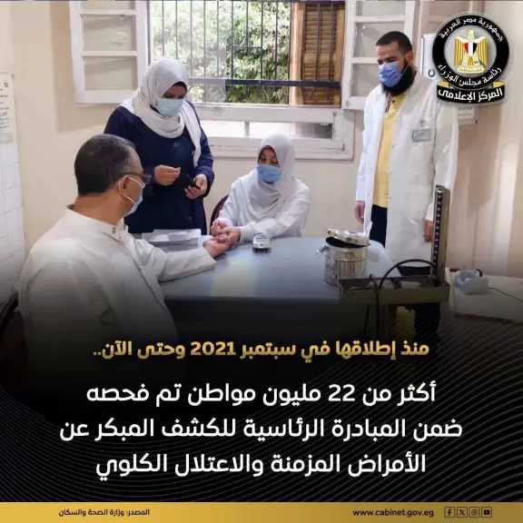 أكثر من ٢٢ مليون مواطن تم فحصهم ضمن مبادرة الكشف المبكر عن الأمراض المزمنة والاعتلال الكلوي