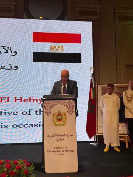 وزير الطيران المدني يلقي كلمه خلال احتفال سفارة المملكة المغربية بالذكرى السابعة والعشرين لتربع جلالة الملك محمد السادس على العرش