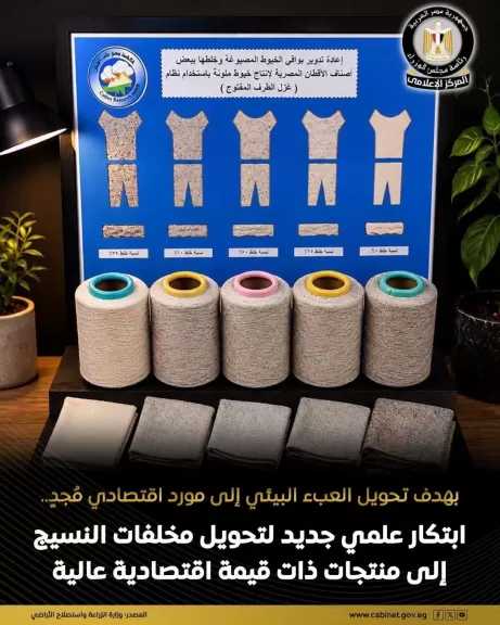 ”الزراعة”: حل علمي مبتكر يهدف إلى تحويل المخلفات النسيجية إلى منتجات تطبيقية ذات قيمة اقتصادية عالية