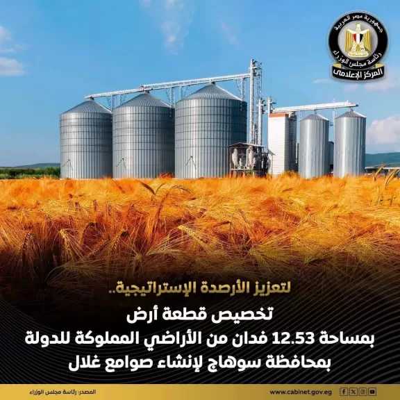 مجلس الوزراء: تخصيص قطعة أرض بمساحة 12.53 فدان تقريبًا بمحافظة سوهاج لصالح وزارة التموين