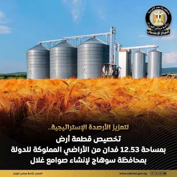 مجلس الوزراء: تخصيص قطعة أرض بمساحة 12.53 فدان تقريبًا لصالح وزارة التموين